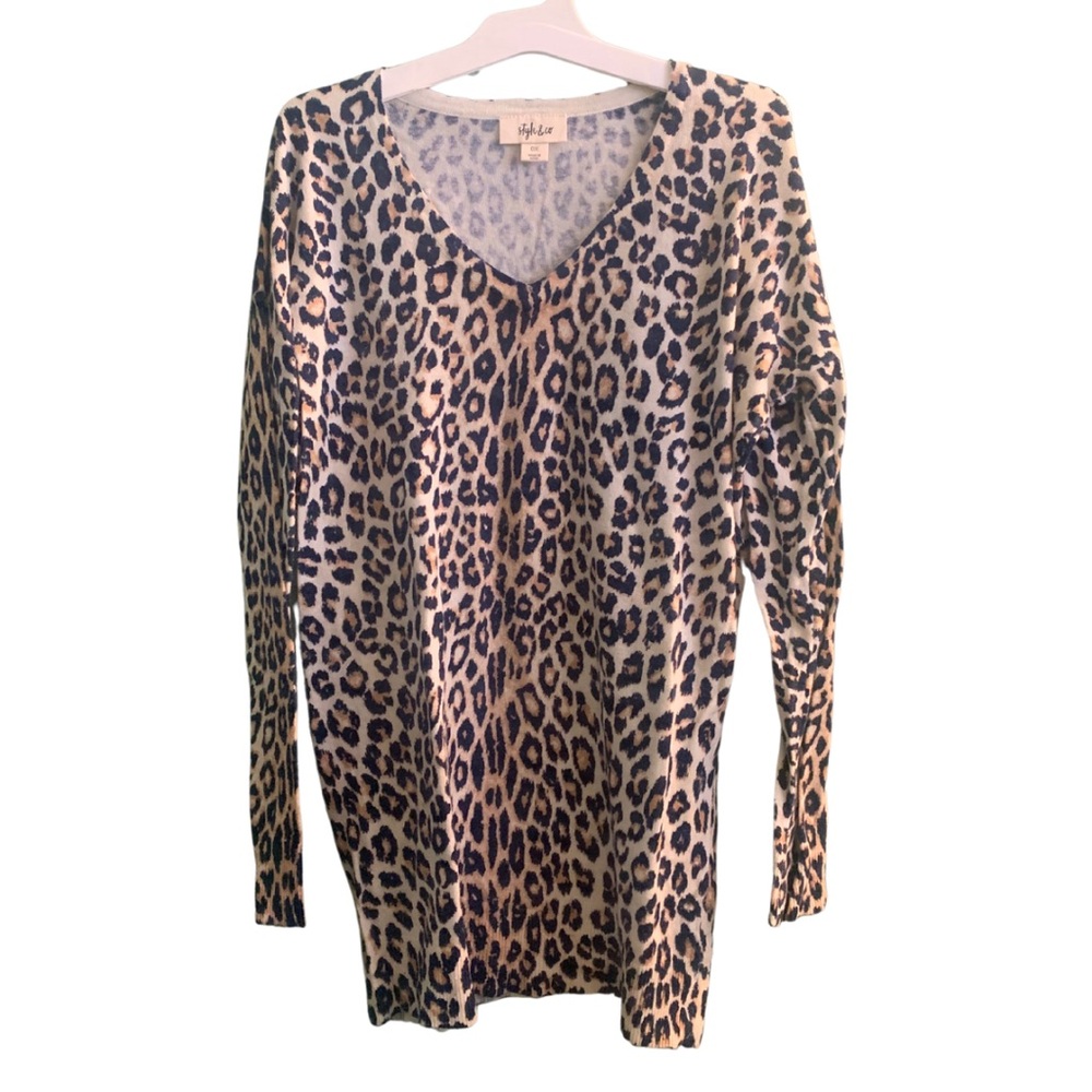 2/$30 Style & Co Tan Blue Leopard Animal Print VNeck Sweater Old Money Mobwife